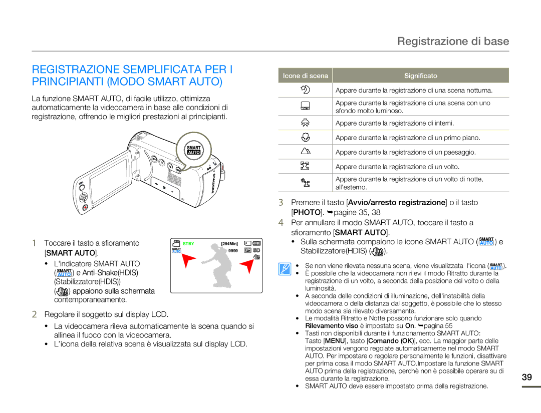 Samsung SMX-F70SP/EDC manual Toccare il tasto a sfioramento STBY254Min, Lindicatore Smart Auto, Icone di scena Significato 