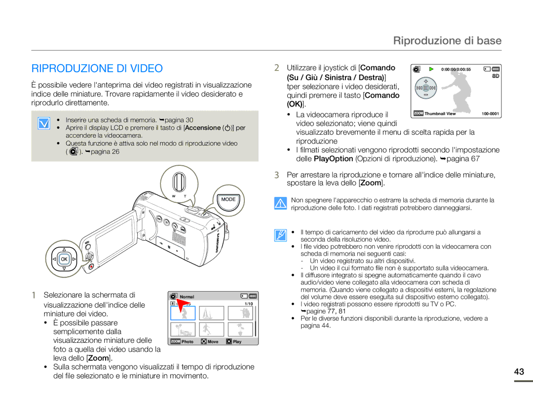 Samsung SMX-F70SP/EDC manual Riproduzione di base, Su / Giù / Sinistra / Destra, Ook, Visualizzazione dellindice delle 