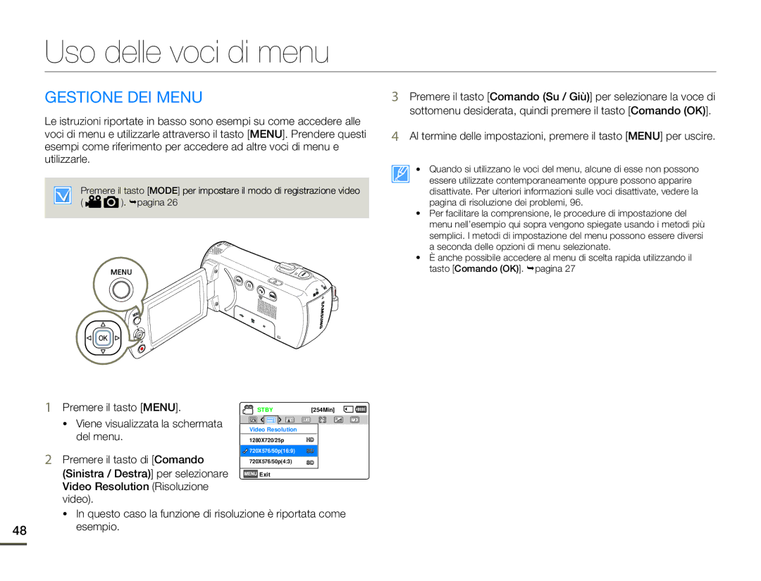 Samsung SMX-F70BP/EDC, SMX-F70SP/EDC manual Uso delle voci di menu, Gestione DEI Menu 