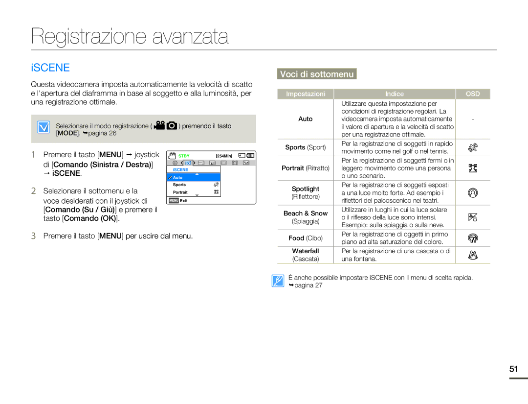 Samsung SMX-F70SP/EDC, SMX-F70BP/EDC manual Registrazione avanzata, Iscene 