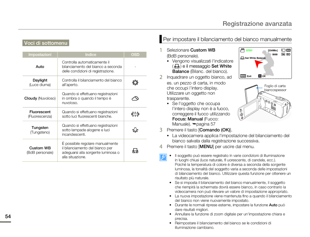 Samsung SMX-F70BP/EDC Per impostare il bilanciamento del bianco manualmente, Selezionare Custom WB, BdB personale 