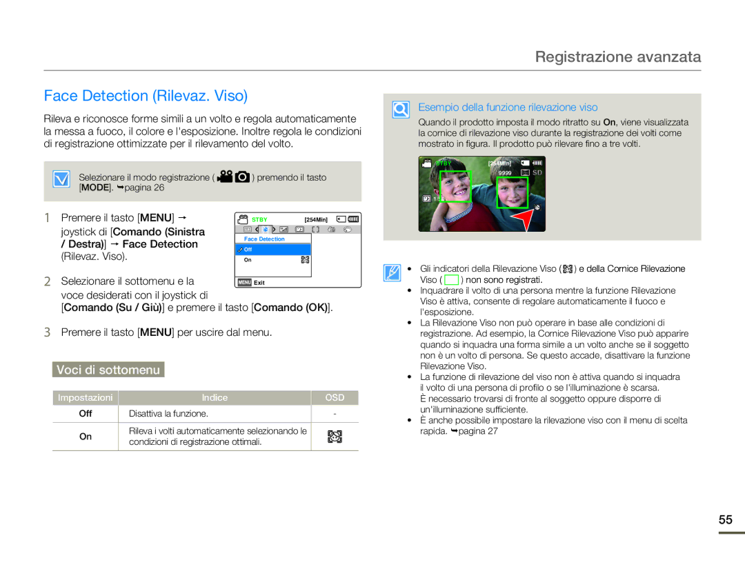 Samsung SMX-F70SP/EDC, SMX-F70BP/EDC manual Face Detection Rilevaz. Viso, Premere il tasto Menu p 