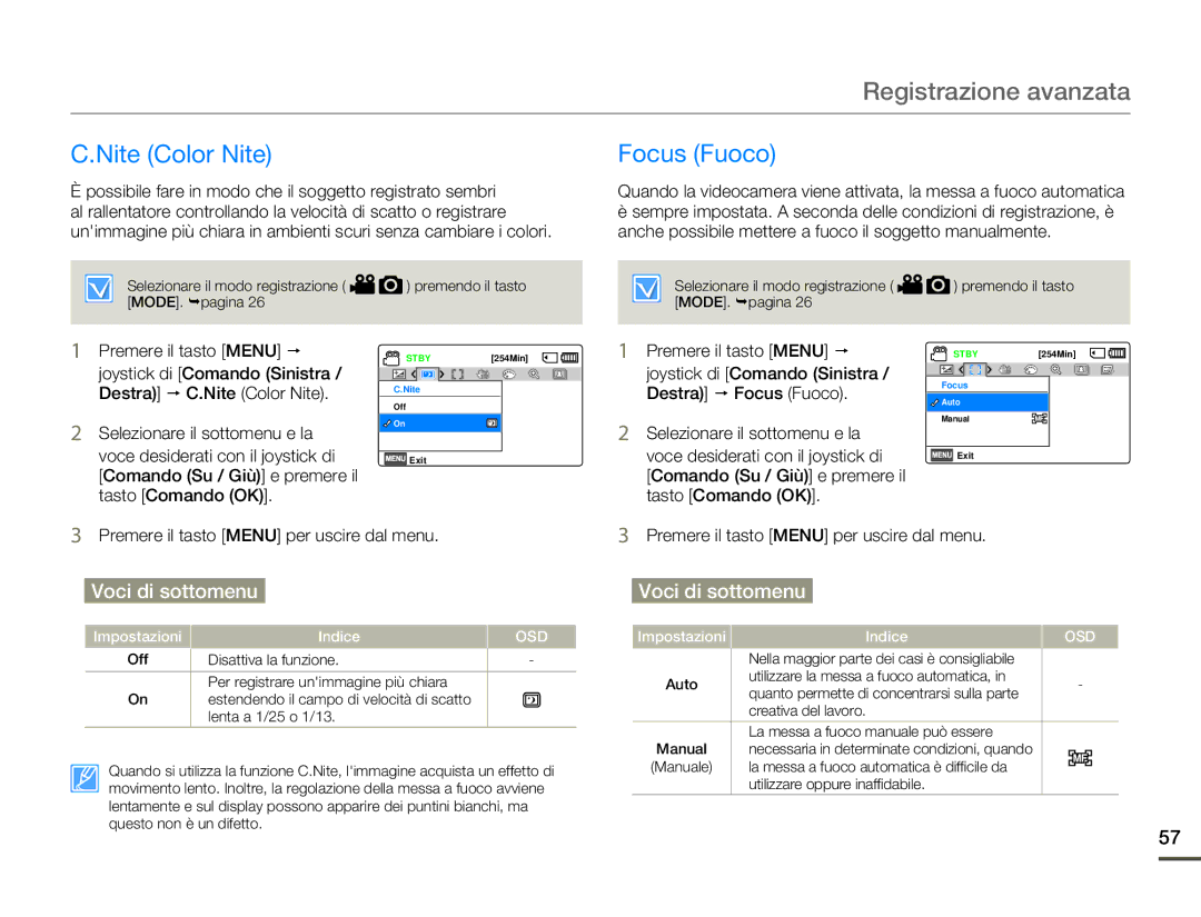 Samsung SMX-F70SP/EDC, SMX-F70BP/EDC manual Nite Color Nite, Focus Fuoco, Premere il tasto Menu p 
