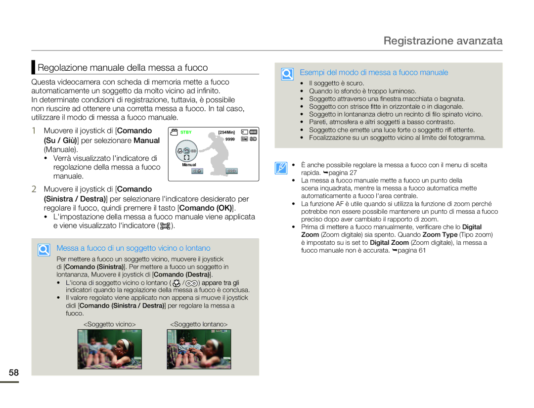 Samsung SMX-F70BP/EDC, SMX-F70SP/EDC Regolazione manuale della messa a fuoco, Manuale Muovere il joystick di Comando 