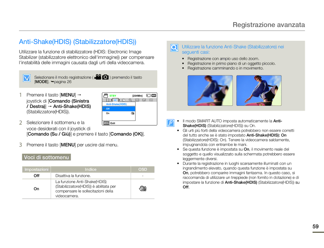 Samsung SMX-F70SP/EDC, SMX-F70BP/EDC manual Anti-ShakeHDIS StabilizzatoreHDIS, Selezionare il sottomenu e la 