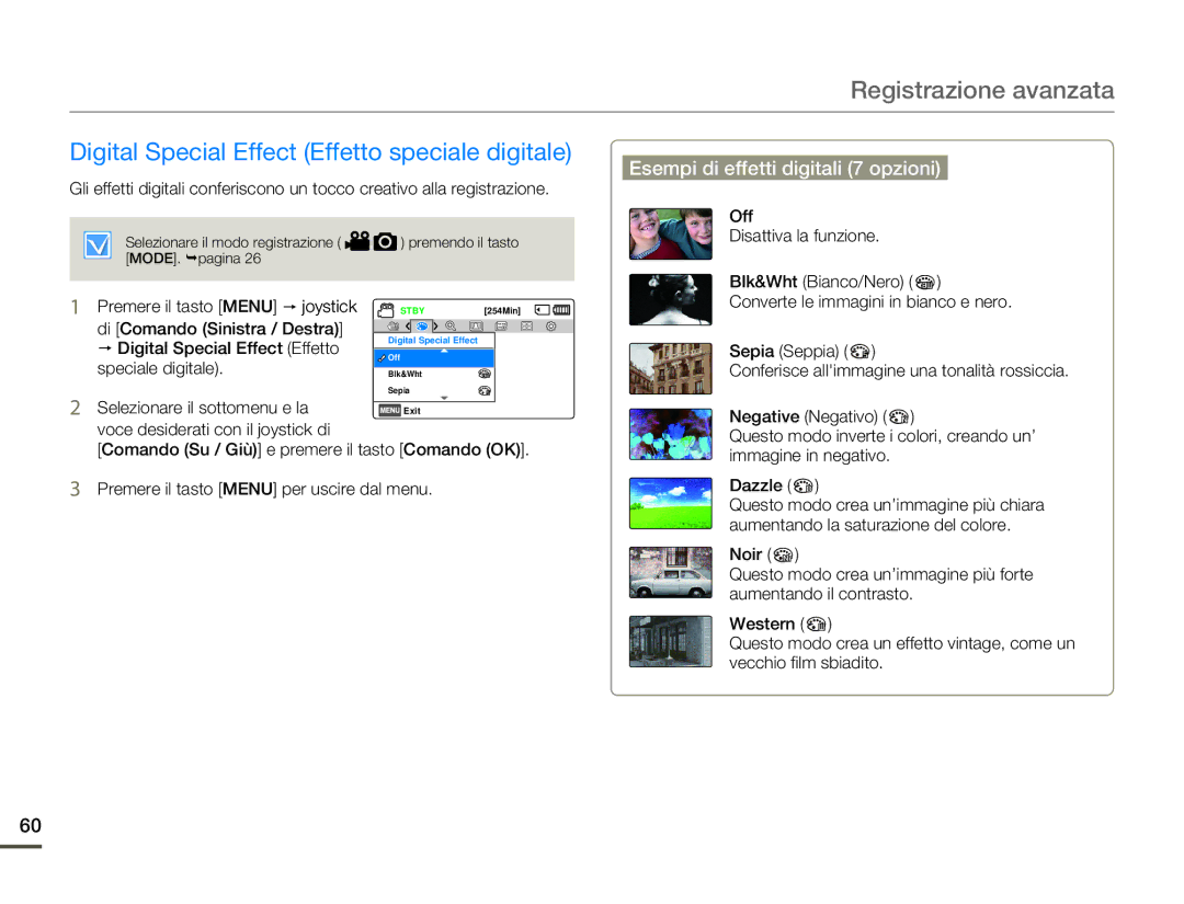 Samsung SMX-F70BP/EDC manual Digital Special Effect Effetto speciale digitale, Esempi di effetti digitali 7 opzioni 