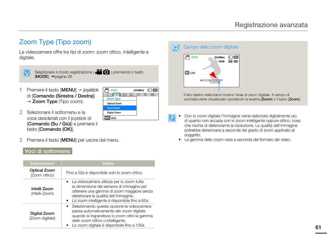 Samsung SMX-F70SP/EDC, SMX-F70BP/EDC manual Zoom Type Tipo zoom, Campo dello zoom digitale 