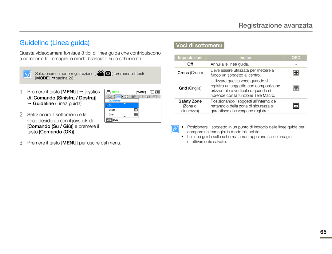 Samsung SMX-F70SP/EDC, SMX-F70BP/EDC manual Guideline Linea guida, Premere il tasto Menu per uscire dal menu 