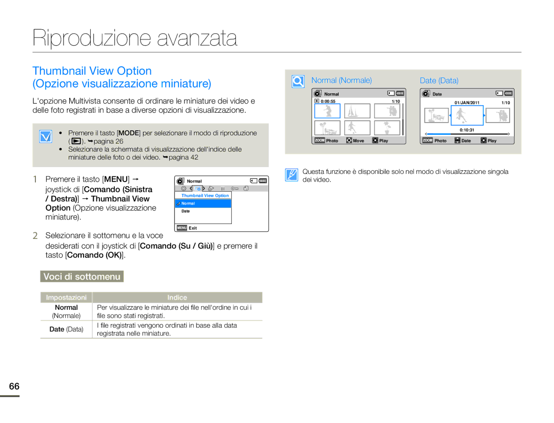 Samsung SMX-F70BP/EDC, SMX-F70SP/EDC manual Riproduzione avanzata, Thumbnail View Option Opzione visualizzazione miniature 