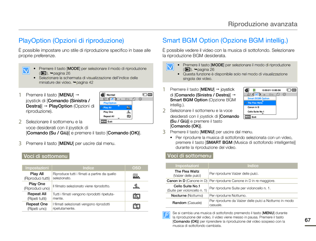 Samsung SMX-F70SP/EDC Riproduzione avanzata, PlayOption Opzioni di riproduzione, Smart BGM Option Opzione BGM intellig 