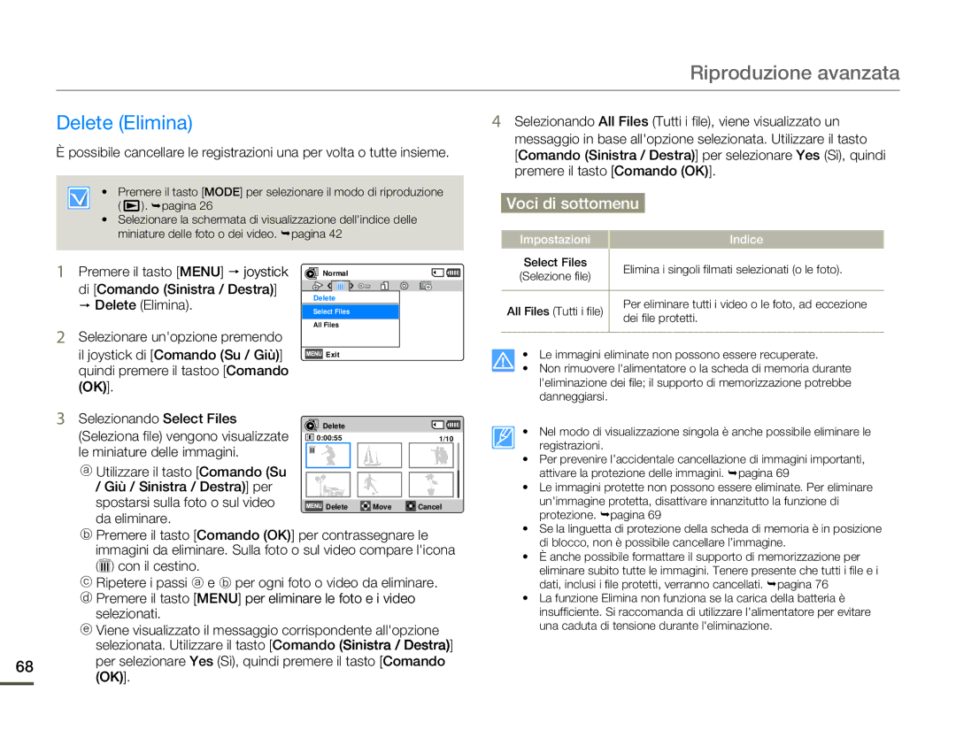 Samsung SMX-F70BP/EDC manual Delete Elimina, Selezionando All Files Tutti i file, viene visualizzato un, Selezionati 