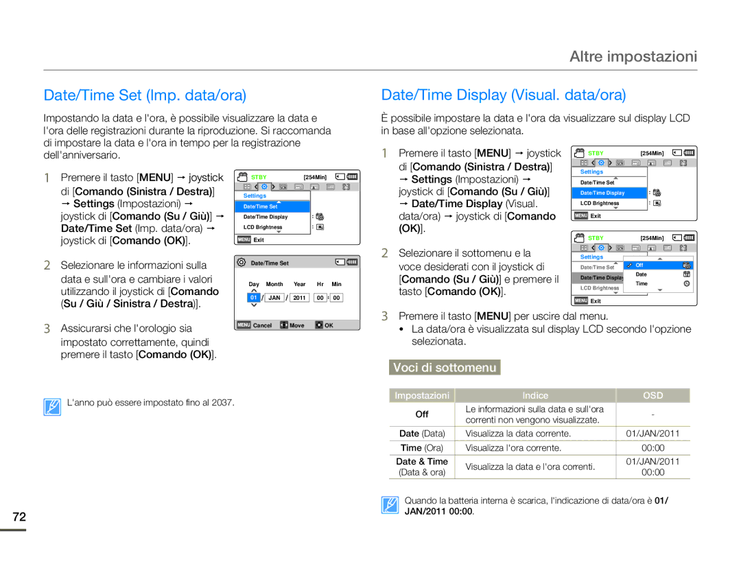 Samsung SMX-F70BP/EDC, SMX-F70SP/EDC Altre impostazioni, Date/Time Set Imp. data/ora, Date/Time Display Visual. data/ora 