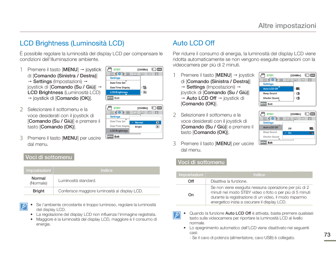 Samsung SMX-F70SP/EDC, SMX-F70BP/EDC LCD Brightness Luminosità LCD, Auto LCD Off p joystick di, Dal menu, Impostazioni 