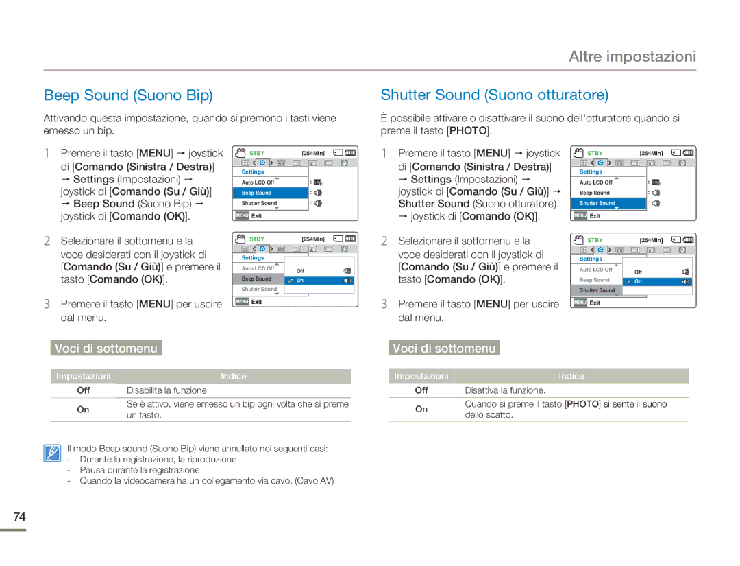 Samsung SMX-F70BP/EDC, SMX-F70SP/EDC manual Beep Sound Suono Bip, Shutter Sound Suono otturatore 