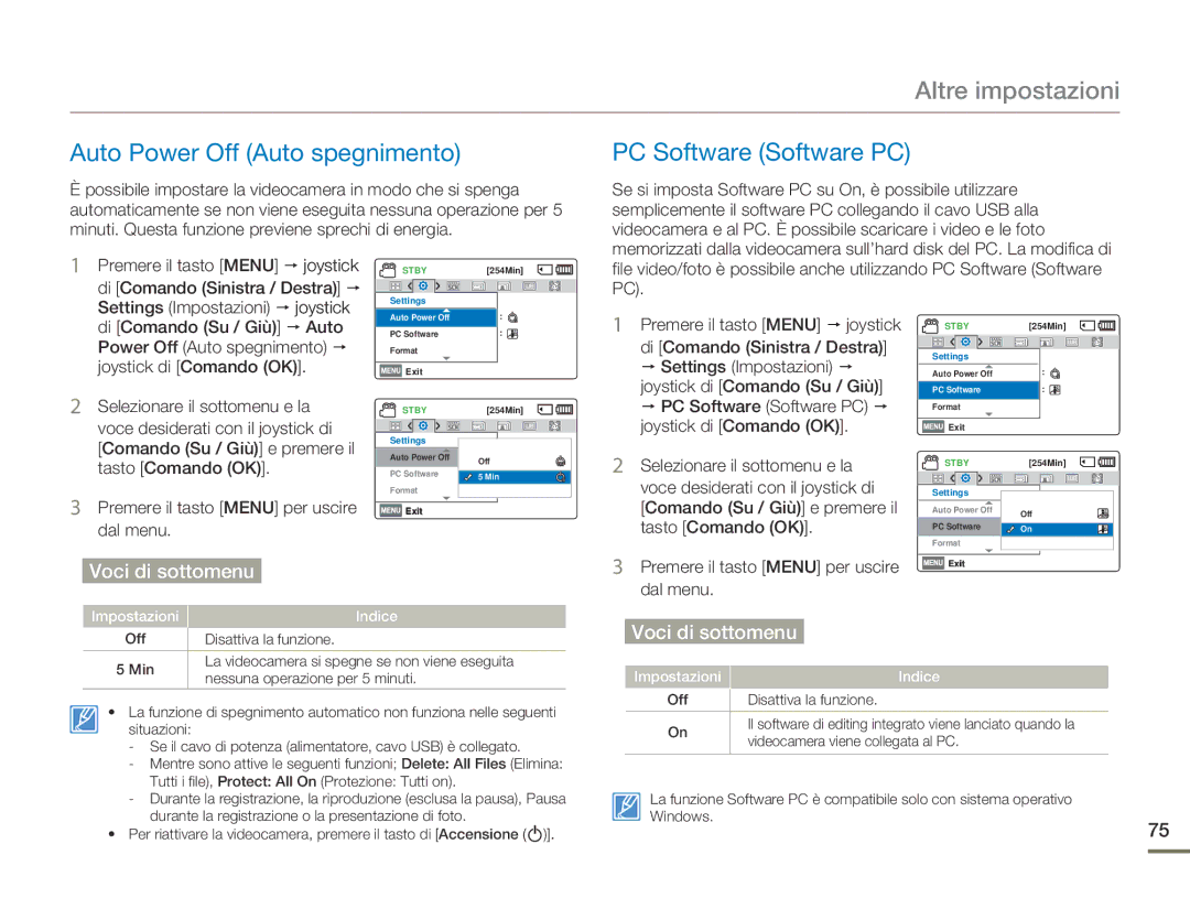 Samsung SMX-F70SP/EDC, SMX-F70BP/EDC manual Auto Power Off Auto spegnimento PC Software Software PC, Joystick di Comando OK 