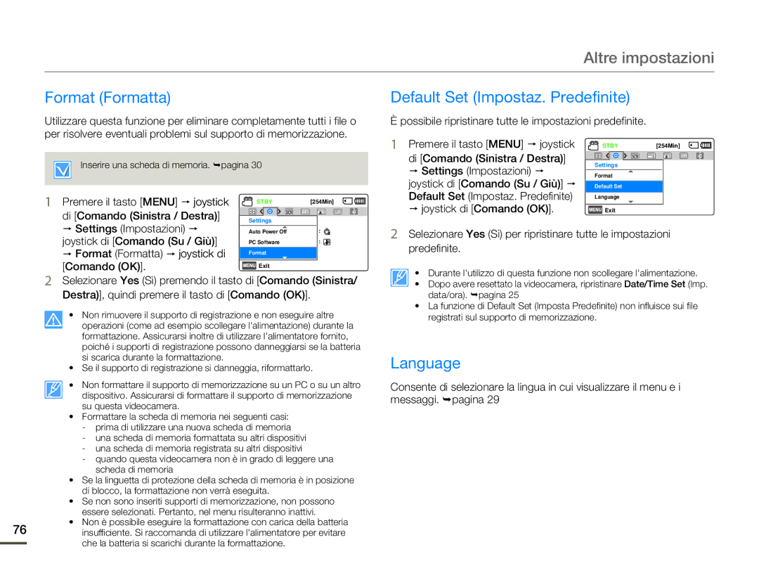 Samsung SMX-F70BP/EDC, SMX-F70SP/EDC manual Format Formatta Default Set Impostaz. Predefinite, Language 