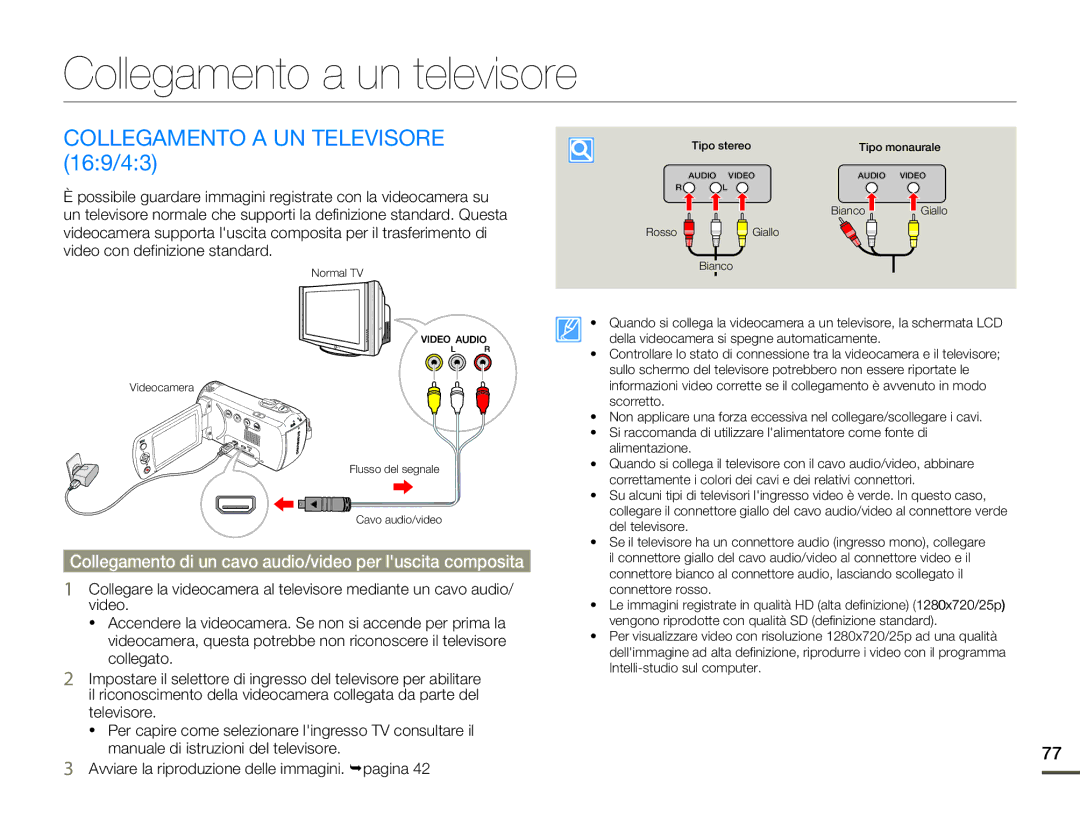 Samsung SMX-F70SP/EDC, SMX-F70BP/EDC manual Collegamento a un televisore, Collegamento a UN Televisore 169/43 