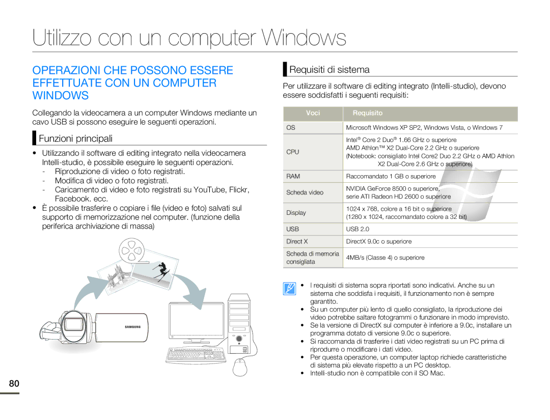 Samsung SMX-F70BP/EDC manual Utilizzo con un computer Windows, Funzioni principali, Requisiti di sistema, Voci Requisito 