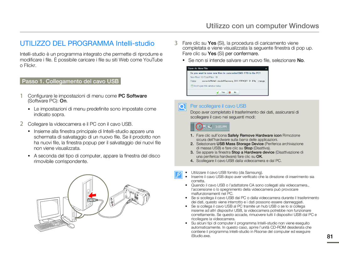 Samsung SMX-F70SP/EDC, SMX-F70BP/EDC manual Utilizzo con un computer Windows, Utilizzo DEL Programma Intelli-studio 