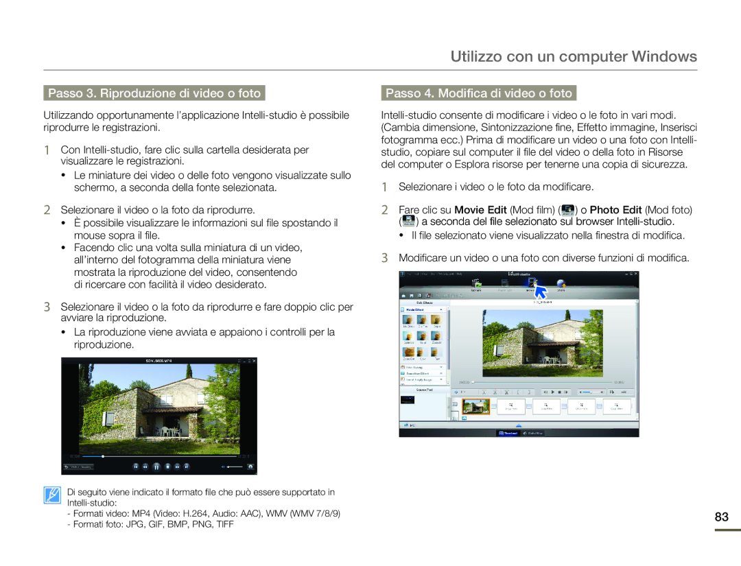 Samsung SMX-F70SP/EDC, SMX-F70BP/EDC manual Passo 3. Riproduzione di video o foto, Passo 4. Modifica di video o foto 