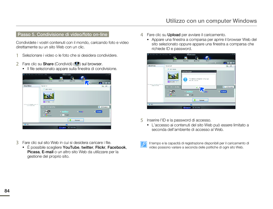 Samsung SMX-F70BP/EDC, SMX-F70SP/EDC manual Passo 5. Condivisione di video/foto on-line 