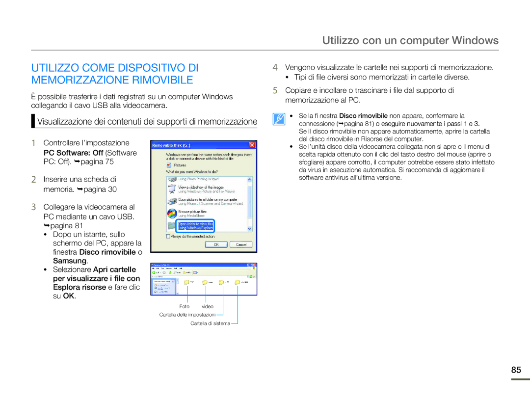 Samsung SMX-F70SP/EDC, SMX-F70BP/EDC manual Utilizzo Come Dispositivo DI Memorizzazione Rimovibile 