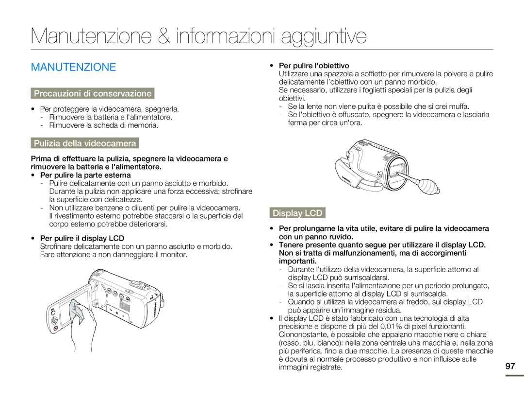 Samsung SMX-F70SP/EDC Manutenzione & informazioni aggiuntive, Precauzioni di conservazione, Pulizia della videocamera 