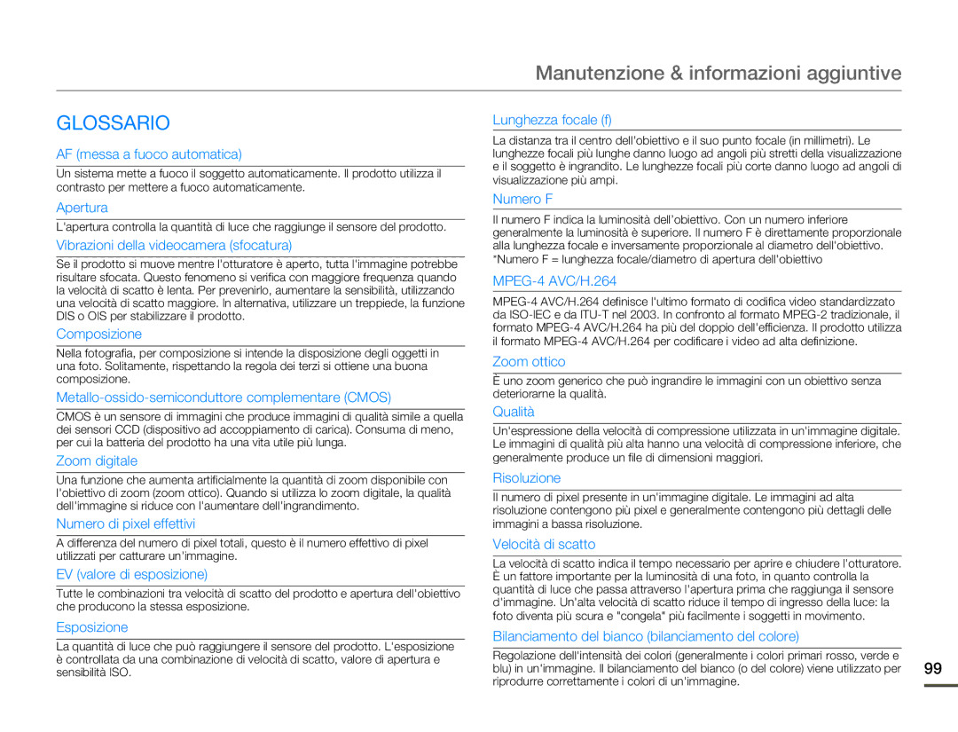 Samsung SMX-F70SP/EDC, SMX-F70BP/EDC manual Glossario, AF messa a fuoco automatica 