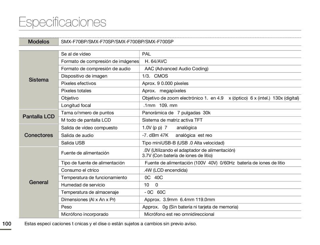 Samsung SMX-F70BP/EDC manual Especificaciones, Modelos, Sistema Pantalla LCD Conectores General, 100, Señal de vídeo 