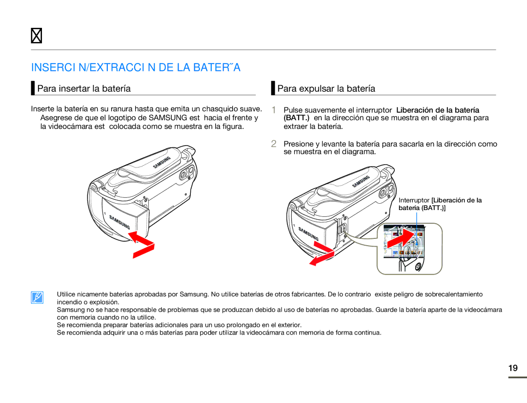 Samsung SMX-F70BP/EDC Introducción, INSERCIÓN/EXTRACCIÓN DE LA Batería, Para insertar la batería Para expulsar la batería 