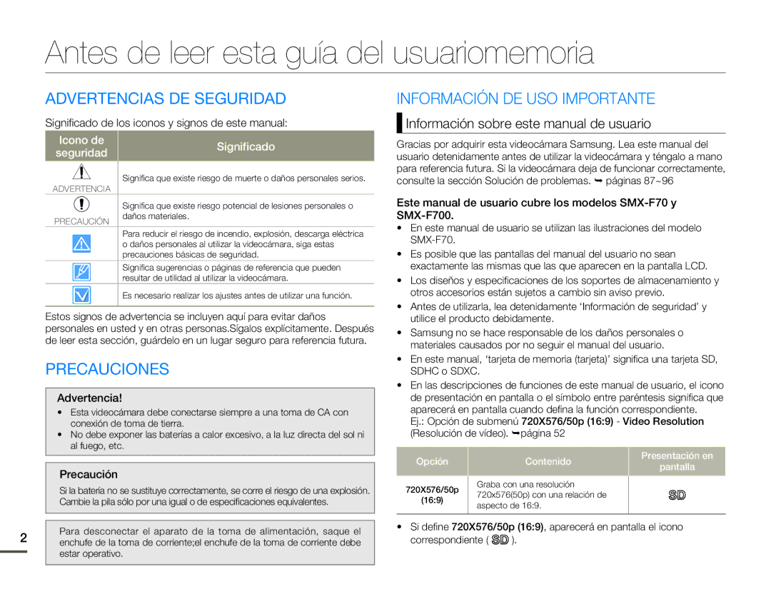 Samsung SMX-F70BP/EDC manual Antes de leer esta guía del usuariomemoria, Advertencias DE Seguridad, Precauciones 