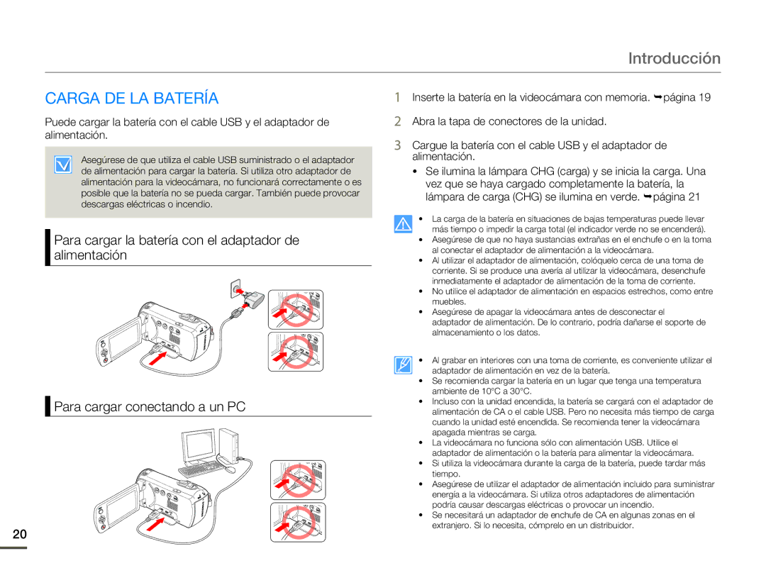 Samsung SMX-F70BP/EDC manual Introducción, Carga DE LA Batería 