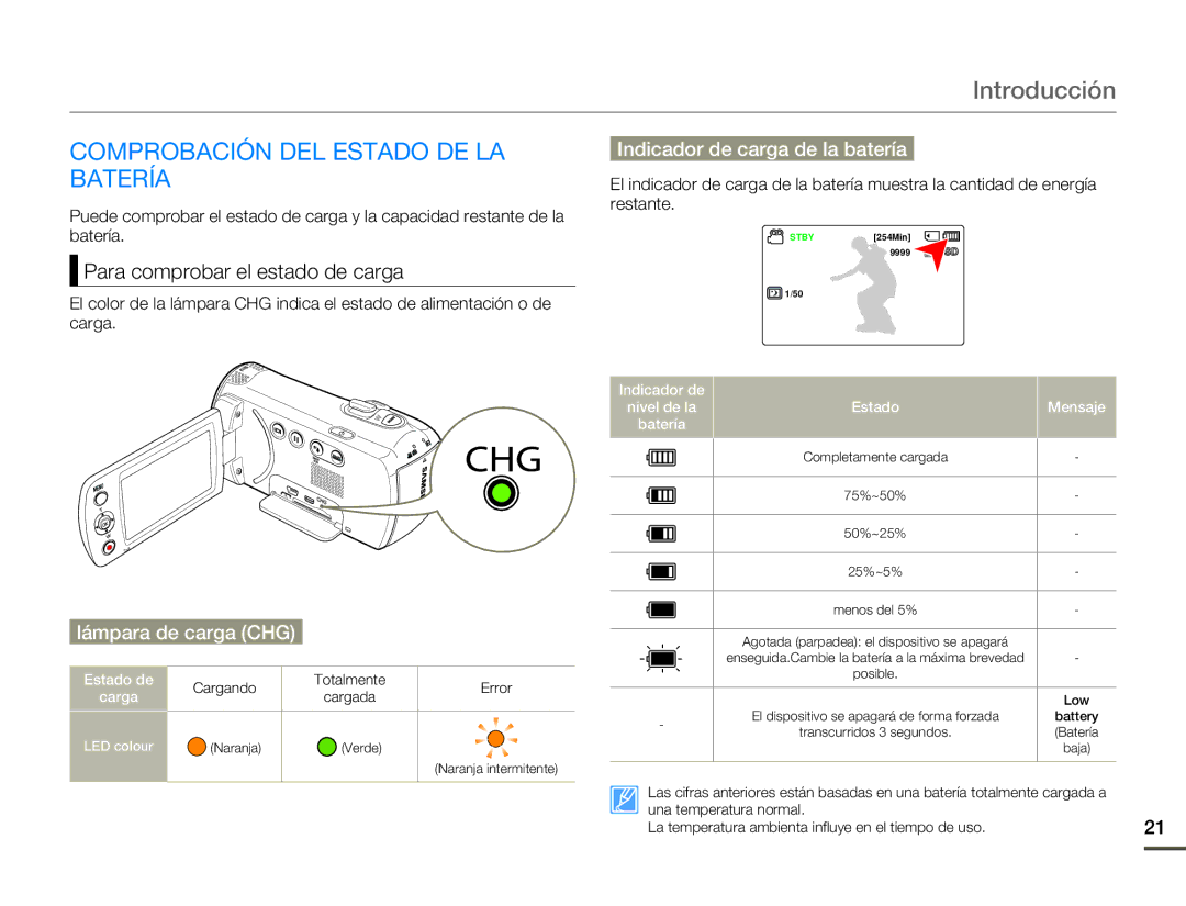 Samsung SMX-F70BP/EDC manual Comprobación DEL Estado DE LA Batería, Para comprobar el estado de carga, Lámpara de carga CHG 