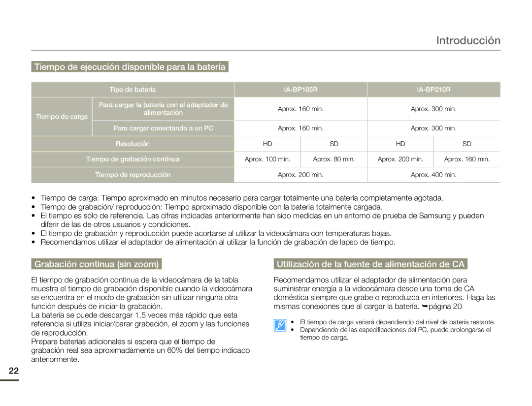 Samsung SMX-F70BP/EDC manual Tiempo de ejecución disponible para la batería, Grabación continua sin zoom 