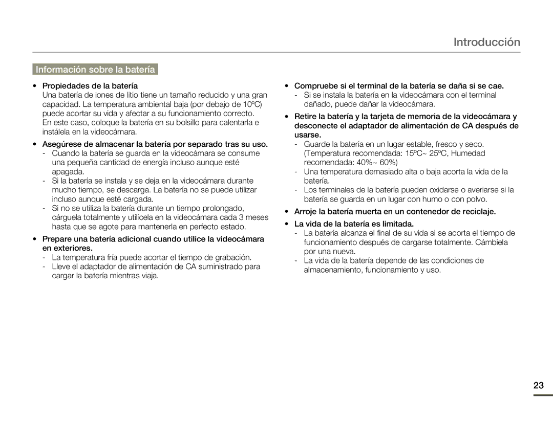 Samsung SMX-F70BP/EDC manual Información sobre la batería, Propiedades de la batería 