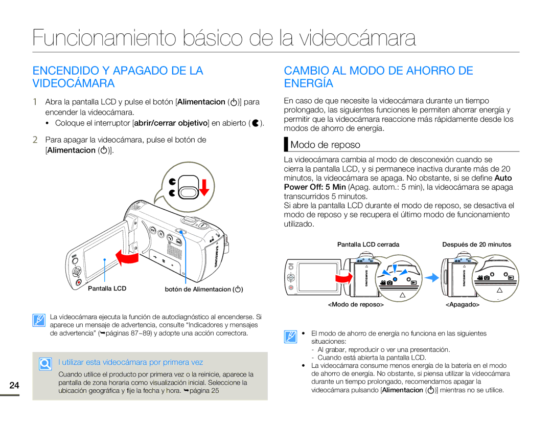 Samsung SMX-F70BP/EDC manual Funcionamiento básico de la videocámara, Encendido Y Apagado DE LA Videocámara, Modo de reposo 