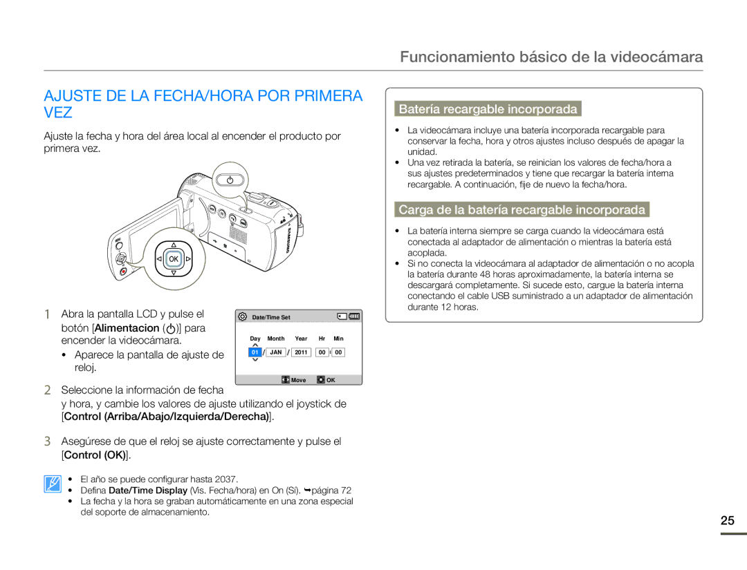 Samsung SMX-F70BP/EDC manual Funcionamiento básico de la videocámara, Ajuste DE LA FECHA/HORA POR Primera VEZ 