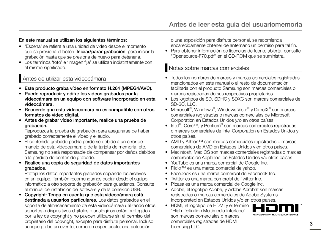 Samsung SMX-F70BP/EDC manual Antes de leer esta guía del usuariomemoria, Antes de utilizar esta videocámara 