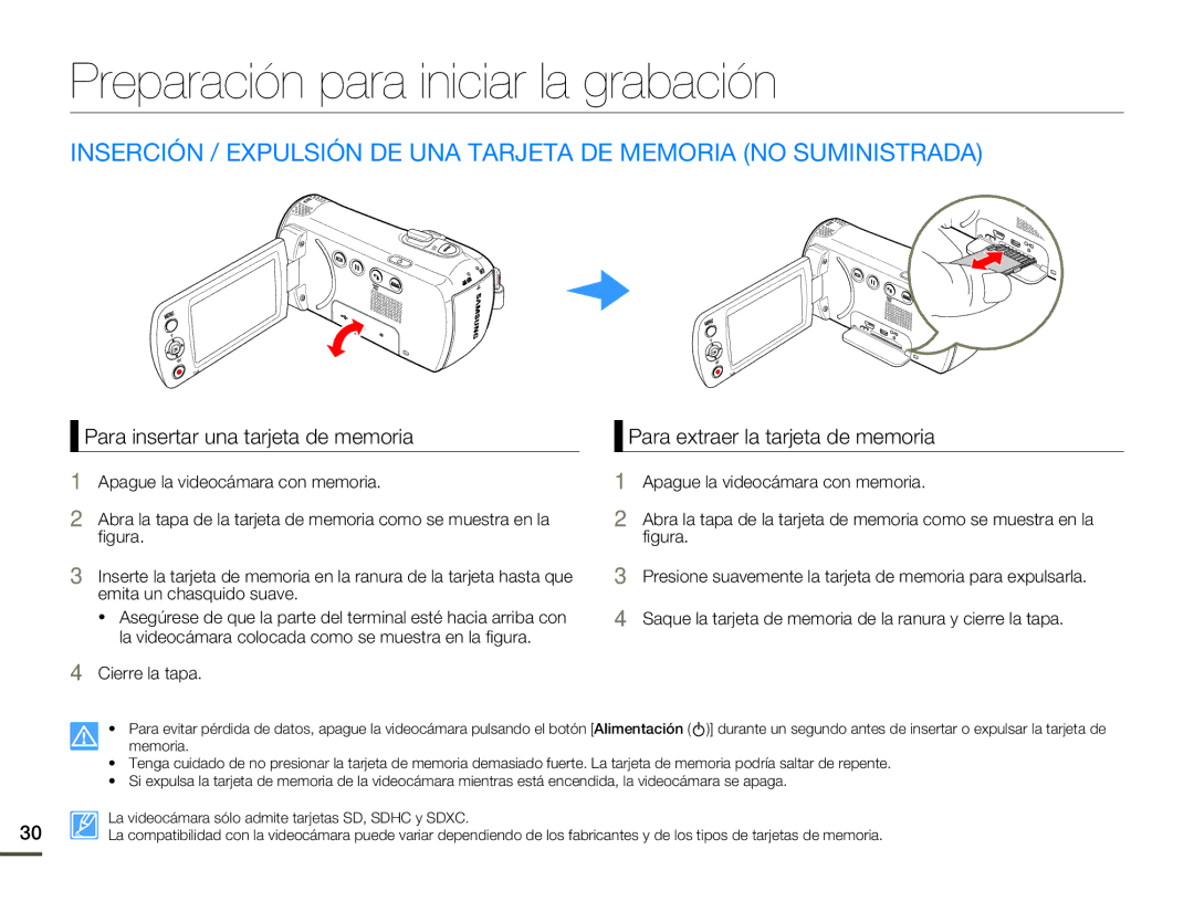 Samsung SMX-F70BP/EDC manual Preparación para iniciar la grabación, Para insertar una tarjeta de memoria 