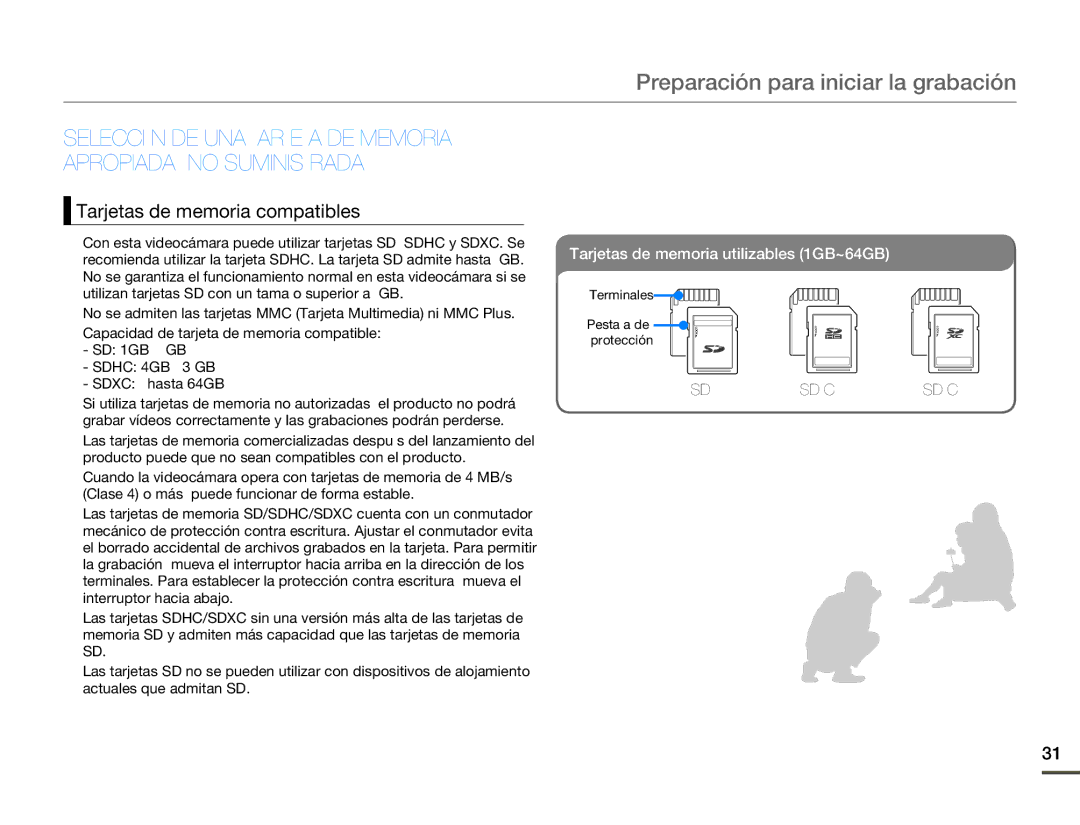 Samsung SMX-F70BP/EDC manual Preparación para iniciar la grabación, Tarjetas de memoria compatibles 