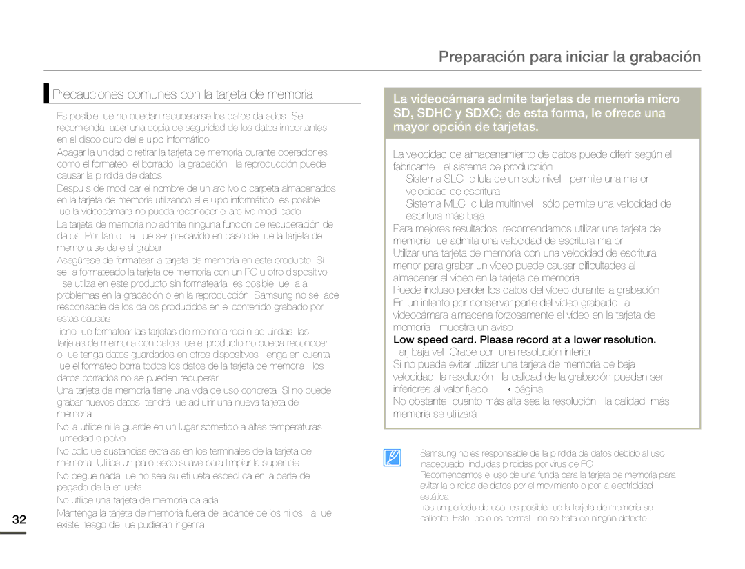 Samsung SMX-F70BP/EDC manual Precauciones comunes con la tarjeta de memoria, Existe riesgo de que pudieran ingerirla 