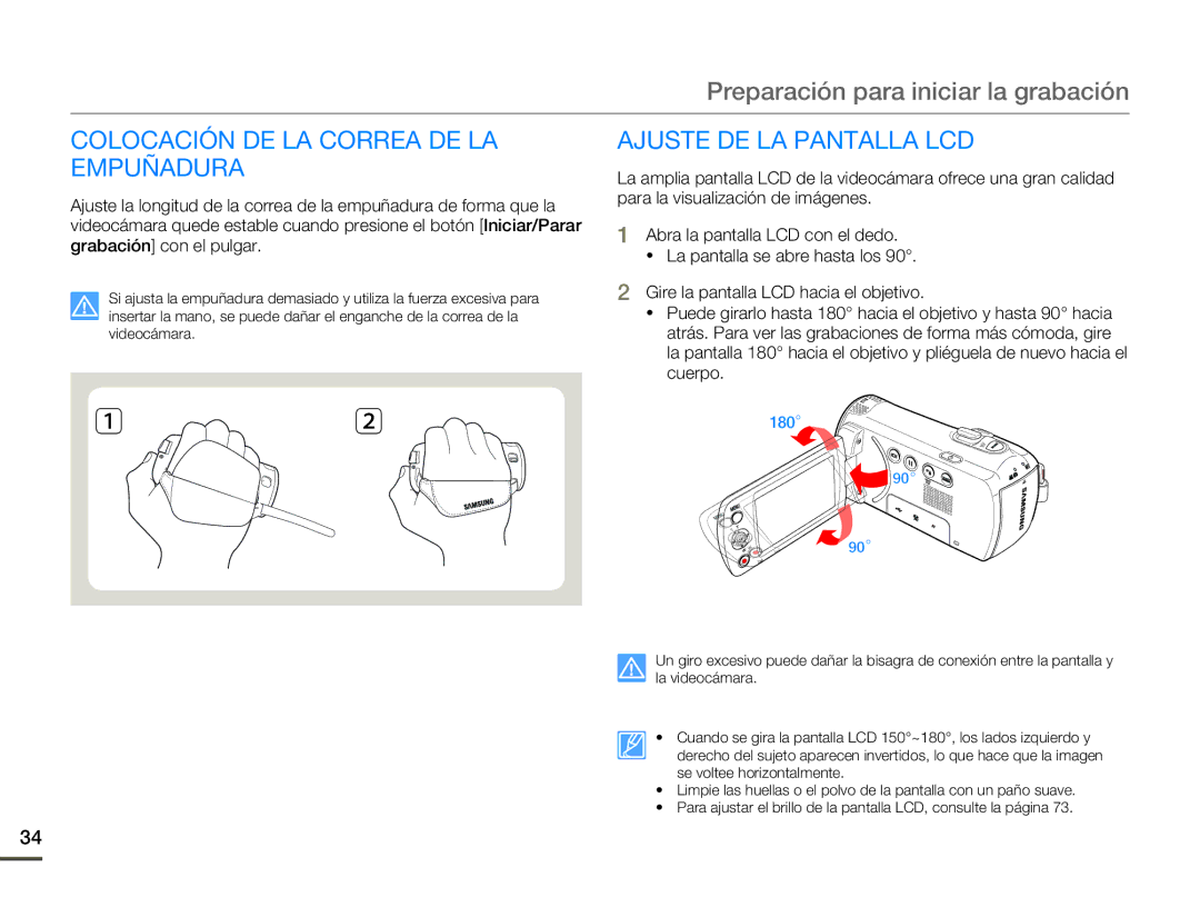 Samsung SMX-F70BP/EDC manual Colocación DE LA Correa DE LA Empuñadura, Ajuste DE LA Pantalla LCD 