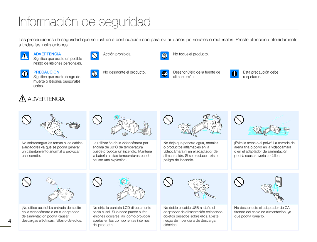 Samsung SMX-F70BP/EDC manual Información de seguridad, Advertencia 