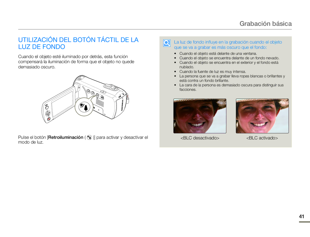 Samsung SMX-F70BP/EDC manual Utilización DEL Botón Táctil DE LA LUZ DE Fondo, Modo de luz 