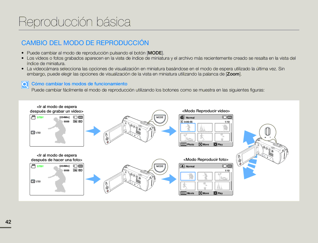 Samsung SMX-F70BP/EDC manual Reproducción básica, Cambio DEL Modo DE Reproducción, Cómo cambiar los modos de funcionamiento 