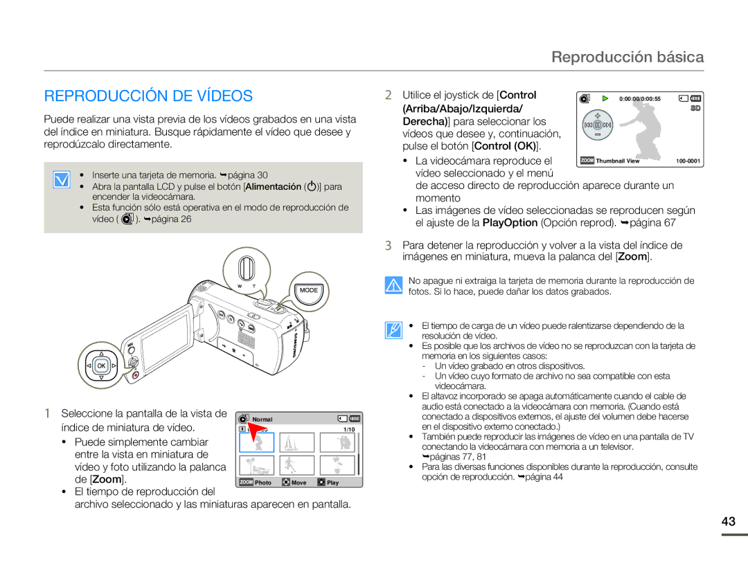 Samsung SMX-F70BP/EDC manual Reproducción básica, Reproducción DE Vídeos, Seleccione la pantalla de la vista de 