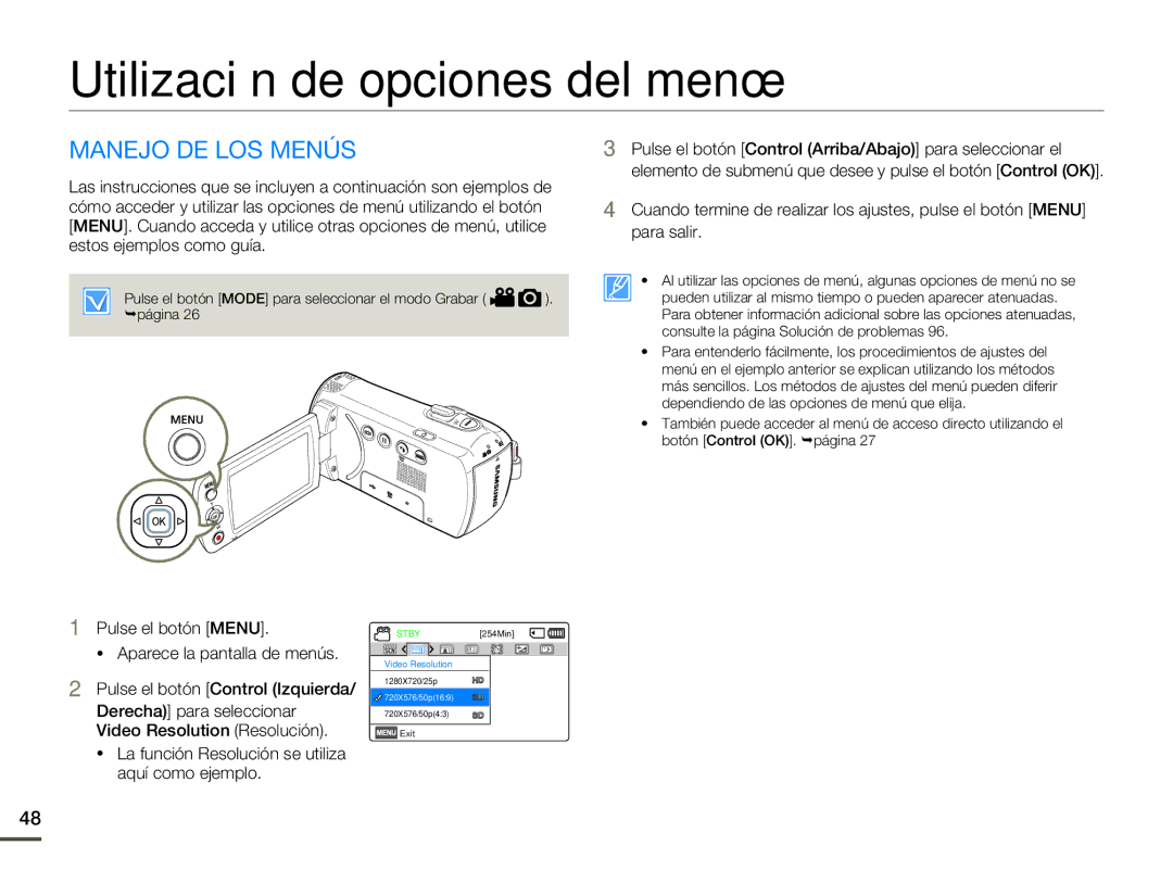 Samsung SMX-F70BP/EDC manual Utilización de opciones del menú, Manejo DE LOS Menús 