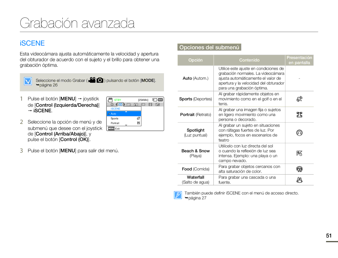 Samsung SMX-F70BP/EDC manual Grabación avanzada, Iscene, Pulse el botón Menu para salir del menú 