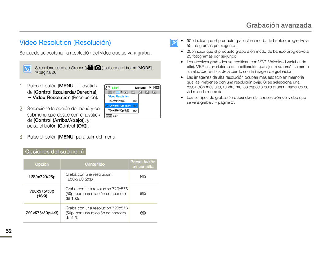 Samsung SMX-F70BP/EDC manual Grabación avanzada, Video Resolution Resolución 