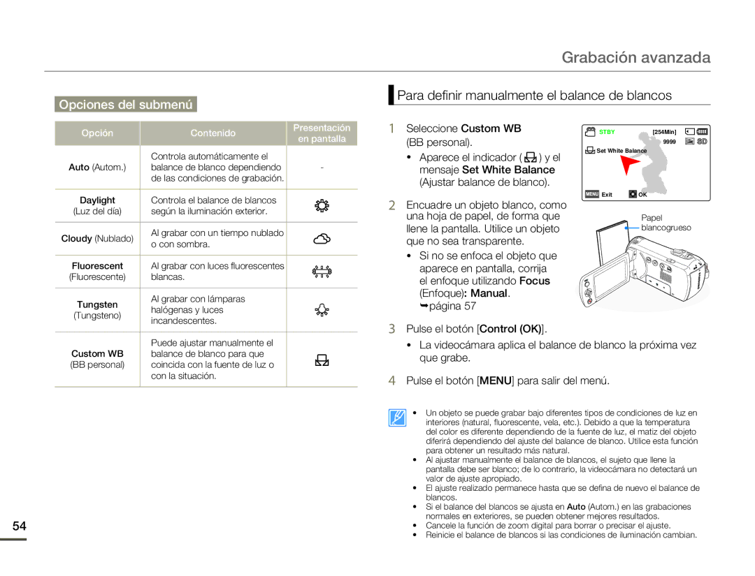 Samsung SMX-F70BP/EDC Para definir manualmente el balance de blancos, Seleccione Custom WB BB personal 